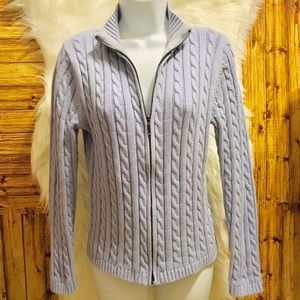 LAVENDER COTTON CABLE CARDIGAN SWEATER, ZIP-FRONT
